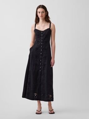 NWT GAP Linen-Blend Embroidered Cami Maxi Dress // Black